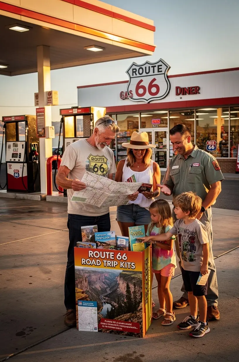 Набор для путешествия по США с картой, ваучерами и аудиогидом, размещённый на прилавке автозаправочной станции.